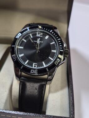 Caribbean Men’s Black Dial Watch with Leather Strap
